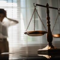 TheScalesOfJusticeStandInFocusWhileAWoman