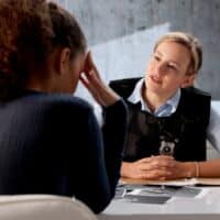PoliceInvestigatorInterrogatingWomenInDarkPrisonInterrogationRoom