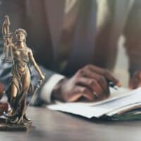 Statue of Lady Justice with scales and a sword on a desk, while a lawyer signs documents in the background.